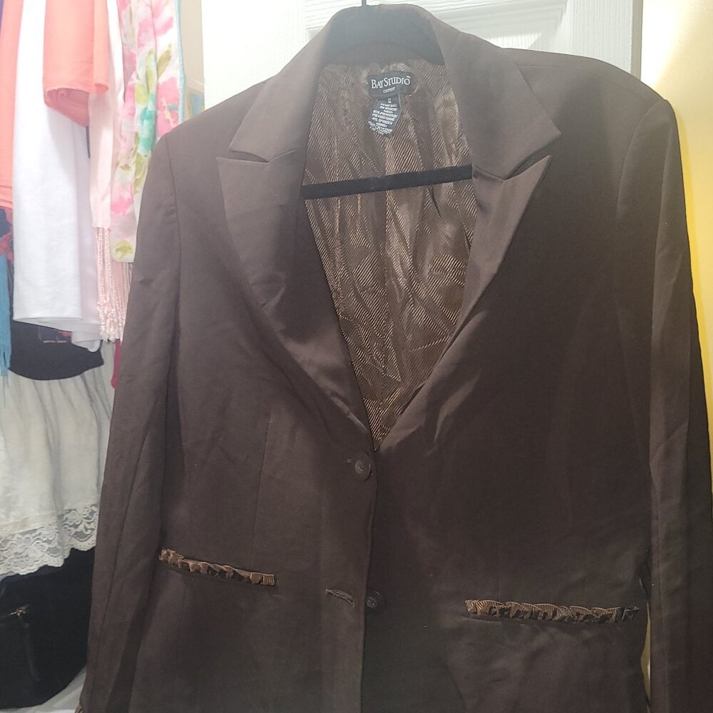 Brown Skirt Suit with Ruffle Trim, Size 10